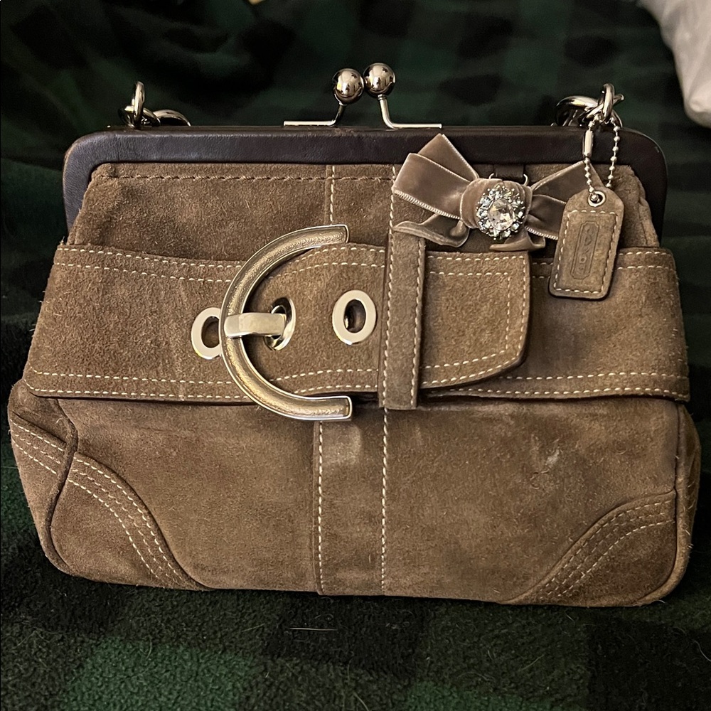 Coach Suede Clutch with Bow and Buckle